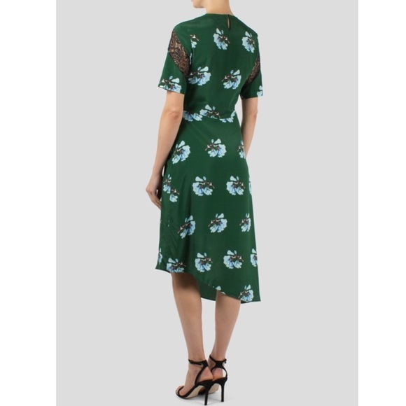 Maje Asymmetric Lace Trimmed Floral Print Silk Blend Dress - Picture 2 of 15